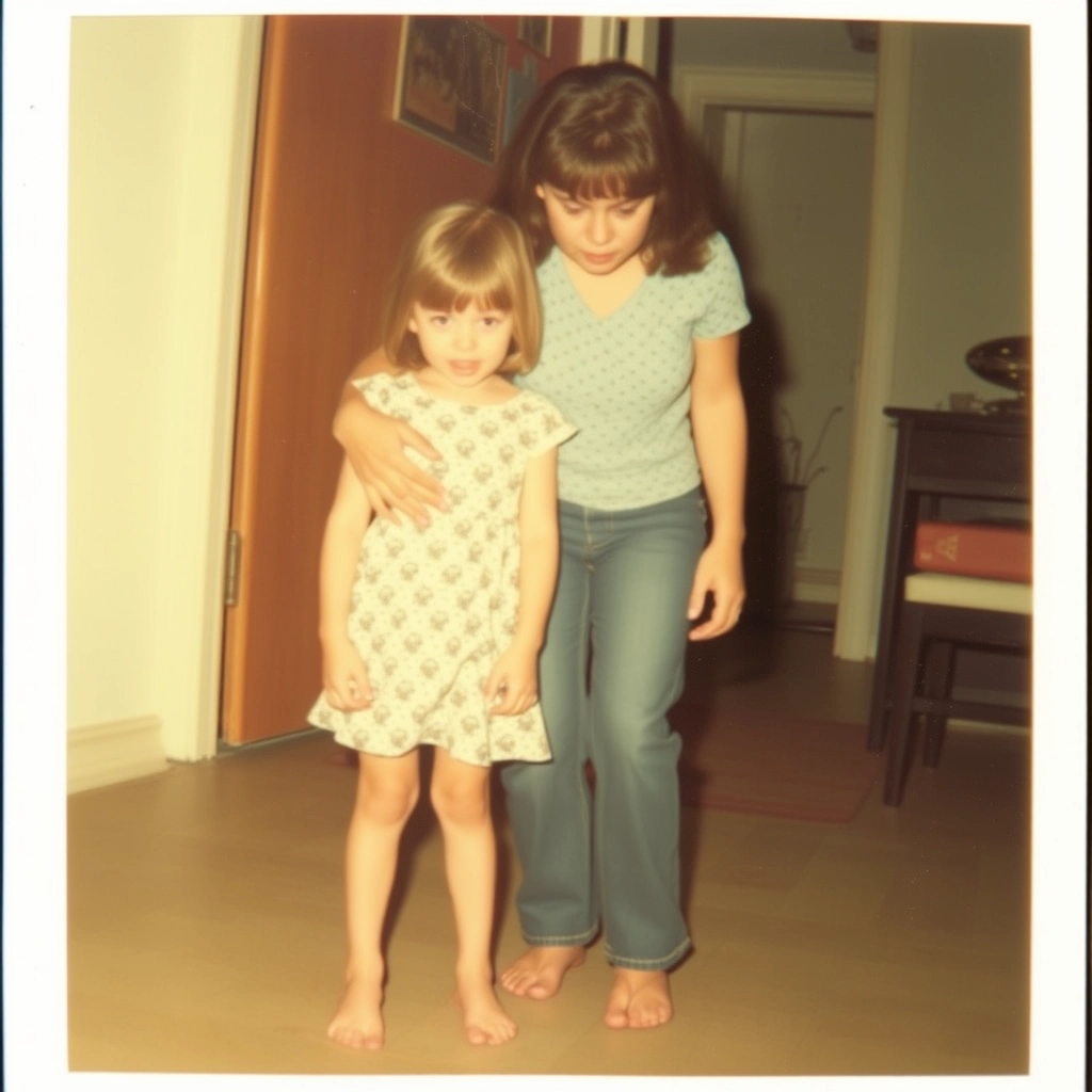 Barefoot girl standing behind her angry mom, 1970s, Polaroid picture. - Image