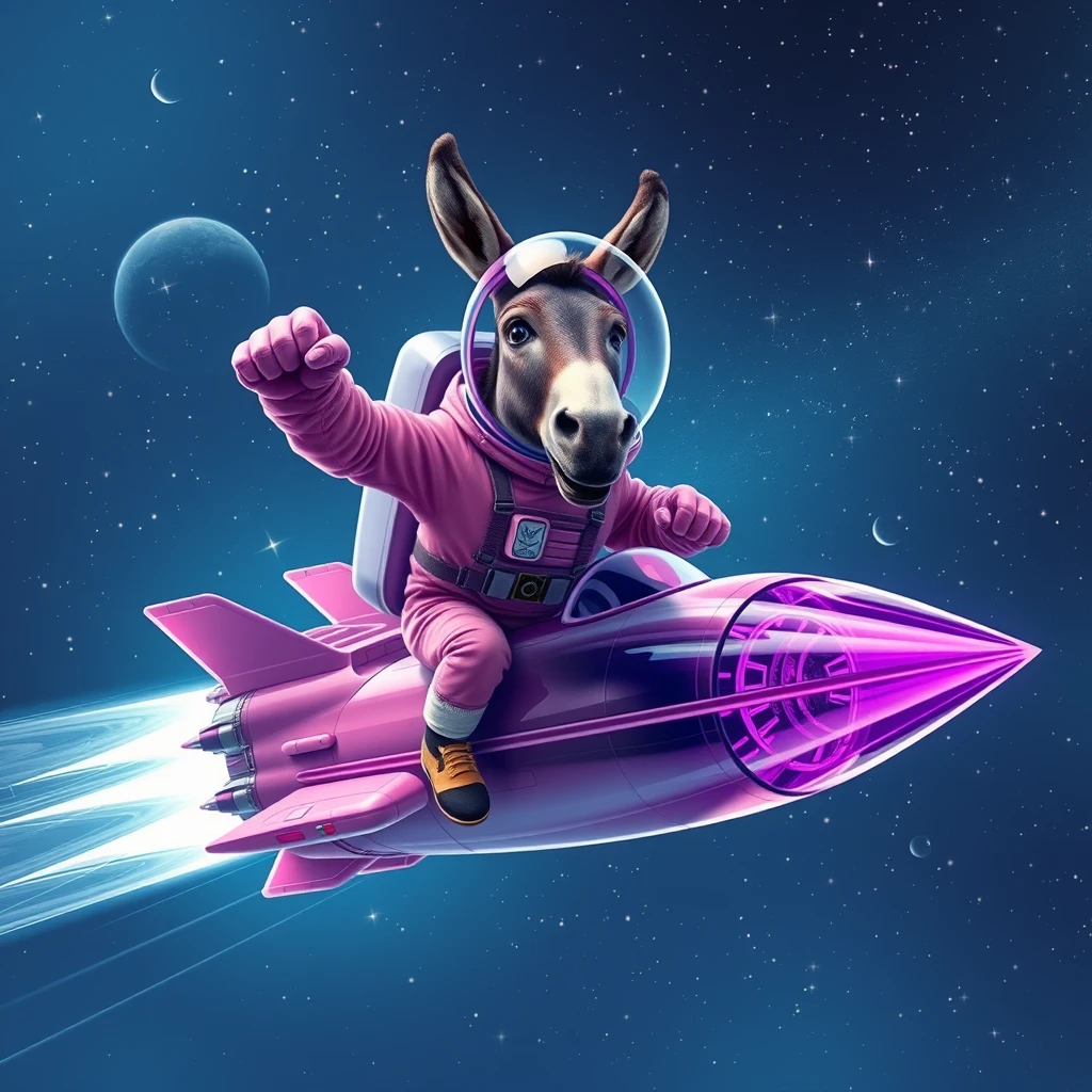 An ambitious donkey wearing pink astronaut costume, riding on a crystal light purple stunning spaceship, making a punching gesture, flying to the outerspace under a clear night sky with lots of shining stars. Realistic style.