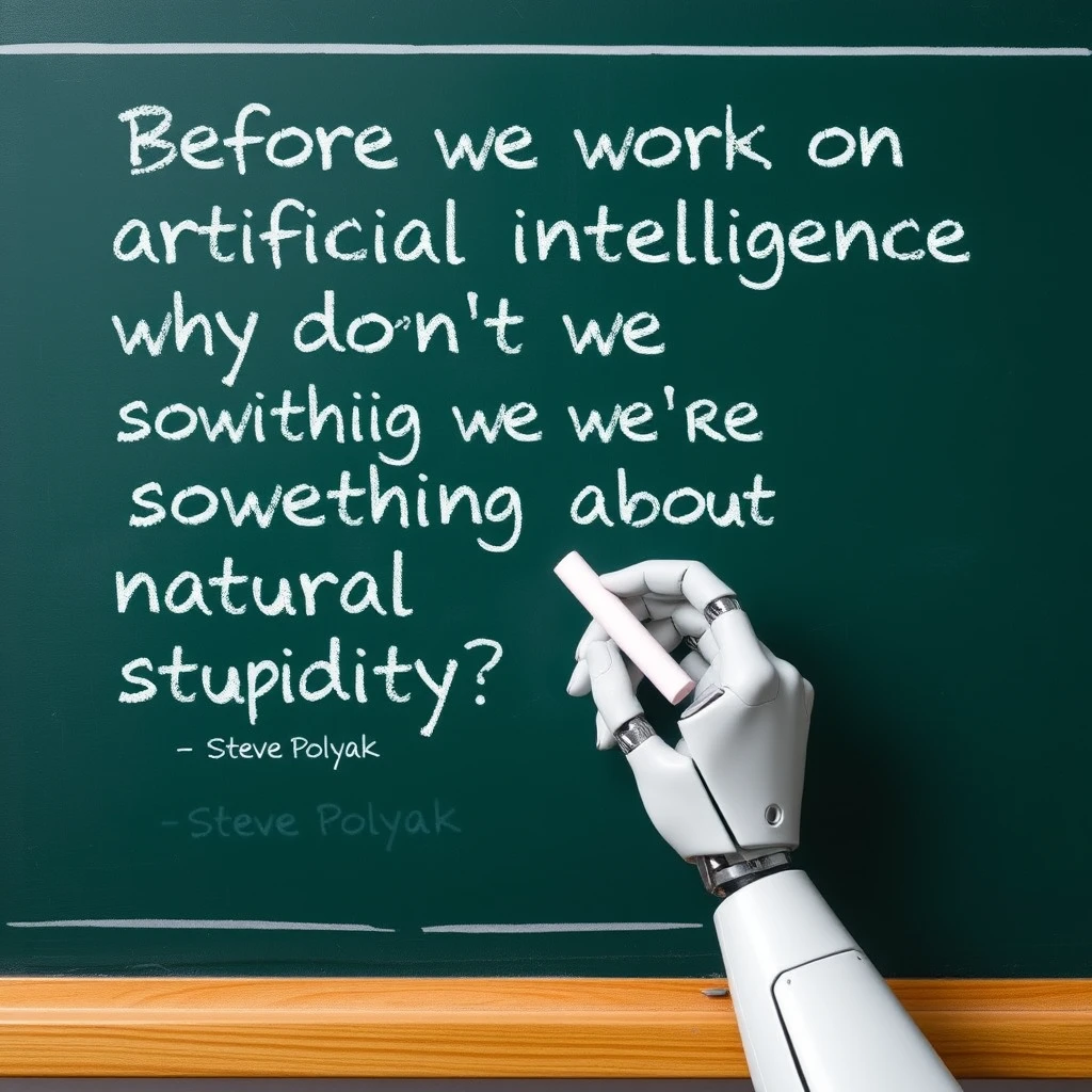 A robotic hand holding a piece of chalk writing with that piece of chalk on a chalkboard with writing on it that says “Before we work on artificial intelligence why don’t we do something about natural stupidity?”

—Steve Polyak , on a classroom style chalkboard