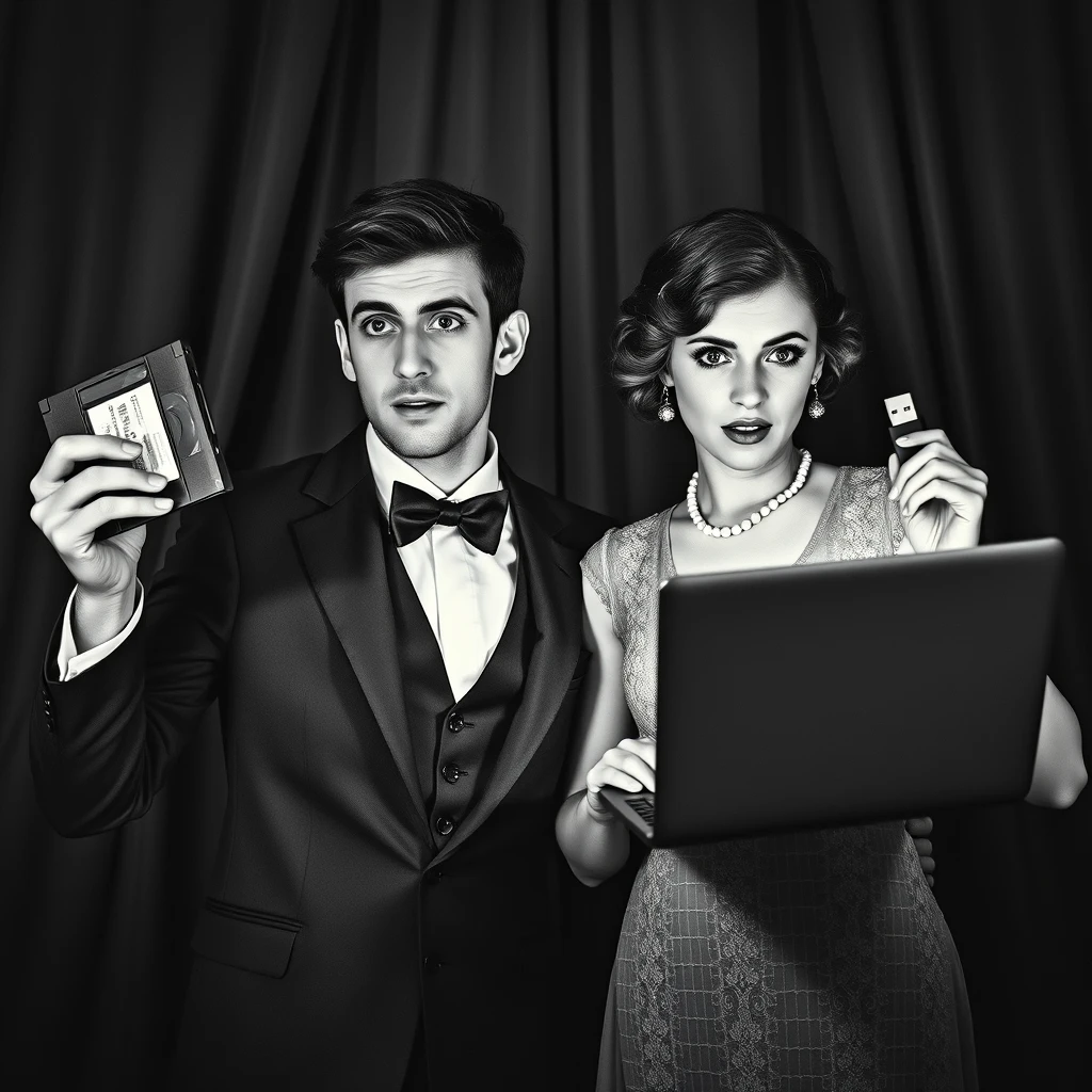 Vaudeville-style Poster in black-and-white featuring a romantic young couple in 1920s Vaudeville-style, theatrical poses. Classic makeup from the 1920s. Both are holding modern technology: the man with a VHS tape in one hand and a thumb-drive in the other hand, looking amazed, and the woman with a laptop, astonished at their image on the screen. The dark background features heavy, ornate curtains, creating a theatrical look akin to a Vaudeville stage. Soft lighting highlights their faces, expressions, and costume details. The image should echo the vintage style of the 1920s with a touch of graininess. High-resolution details should reveal the textures of the fabric and lace, with a subtle bokeh effect to soften the background, drawing focus to the couple and the technology in their hands. The mood is a whimsical fusion of nostalgia and modernity, capturing the Vaudeville charm and juxtaposing it with contemporary technology. - Image