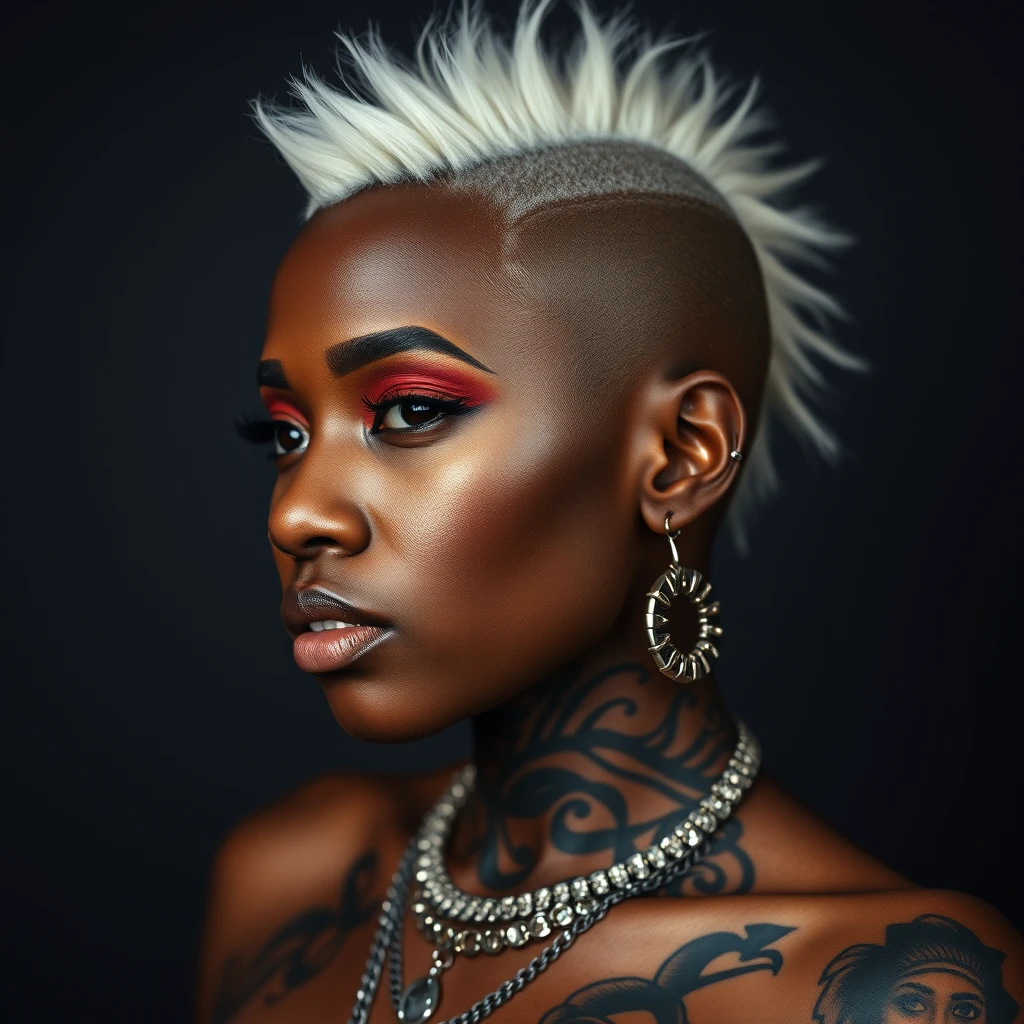 beautiful black woman, side shave, shaved head, white mohawk, nose rings, multiple earrings, extreme piercings, extreme tattoos