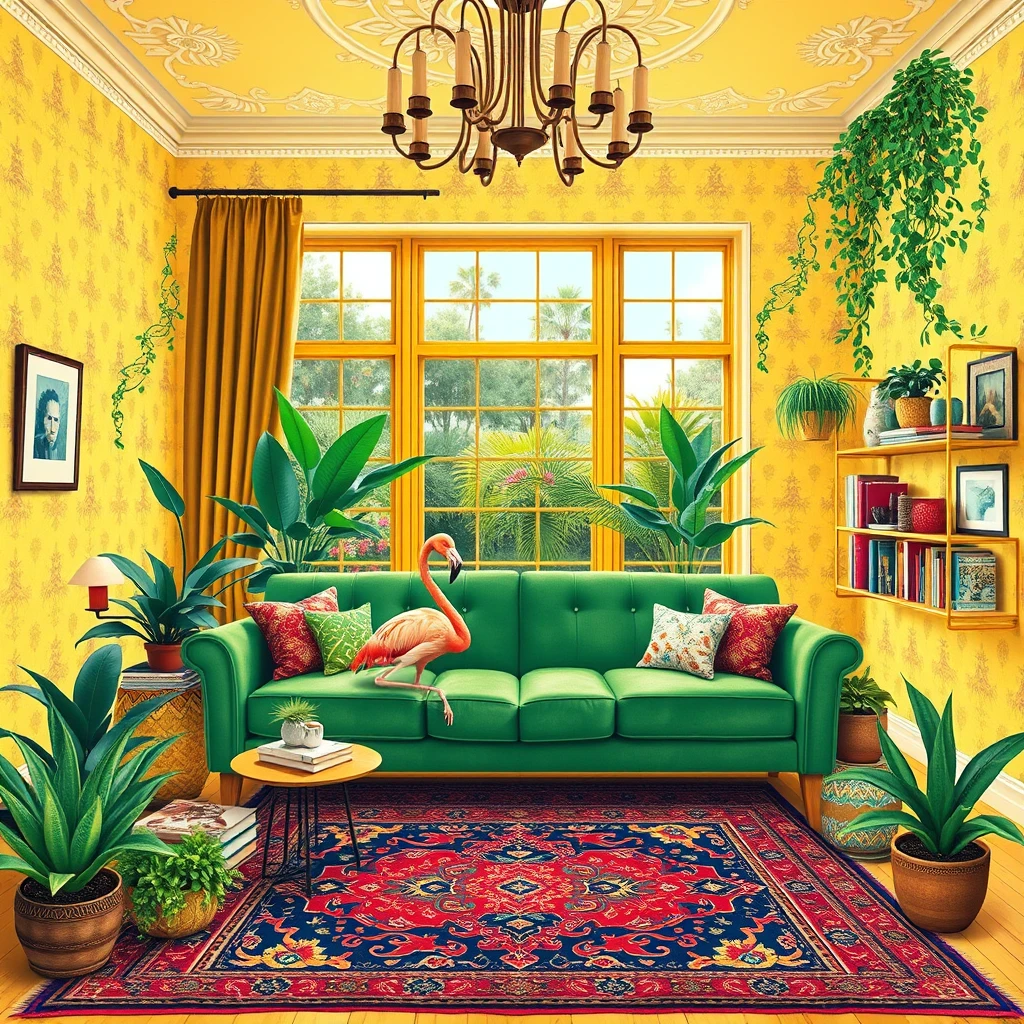 A maximalist illustration from a frontal view showing a flamingo sitting on a green couch in a yellow living room. The image highlights the decorative wallpaper, unique lighting elements, and a colorful Persian rug. The large windows with velvet curtains frame the scene, and various books and art pieces are visible. The room is filled with tropical plants, succulents, and hanging vines. - Image