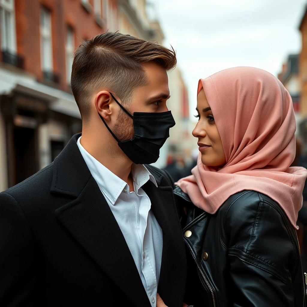 Jamie Dornan's head and body shot, handsome, young, shaved, face mask black, black coat suit, dating love with the biggest soft pink hijab girl, beautiful eyes, black leather jacket, face mask black, biggest floral skirt, hyper-realistic, street photography. - Image