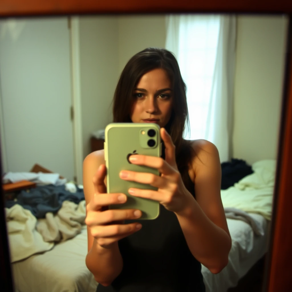 Phone photo: A woman stands in front of a mirror, capturing a selfie. The image quality is grainy, with a slight blur softening the details. The lighting is dim, casting shadows that obscure her features. The room is cluttered, with clothes strewn across the bed and an unmade blanket. Her expression is casual, full of concentration, while the old iPhone struggles to focus, giving the photo an authentic, unpolished feel. The mirror shows smudges and fingerprints, adding to the raw, everyday atmosphere of the scene. - Image