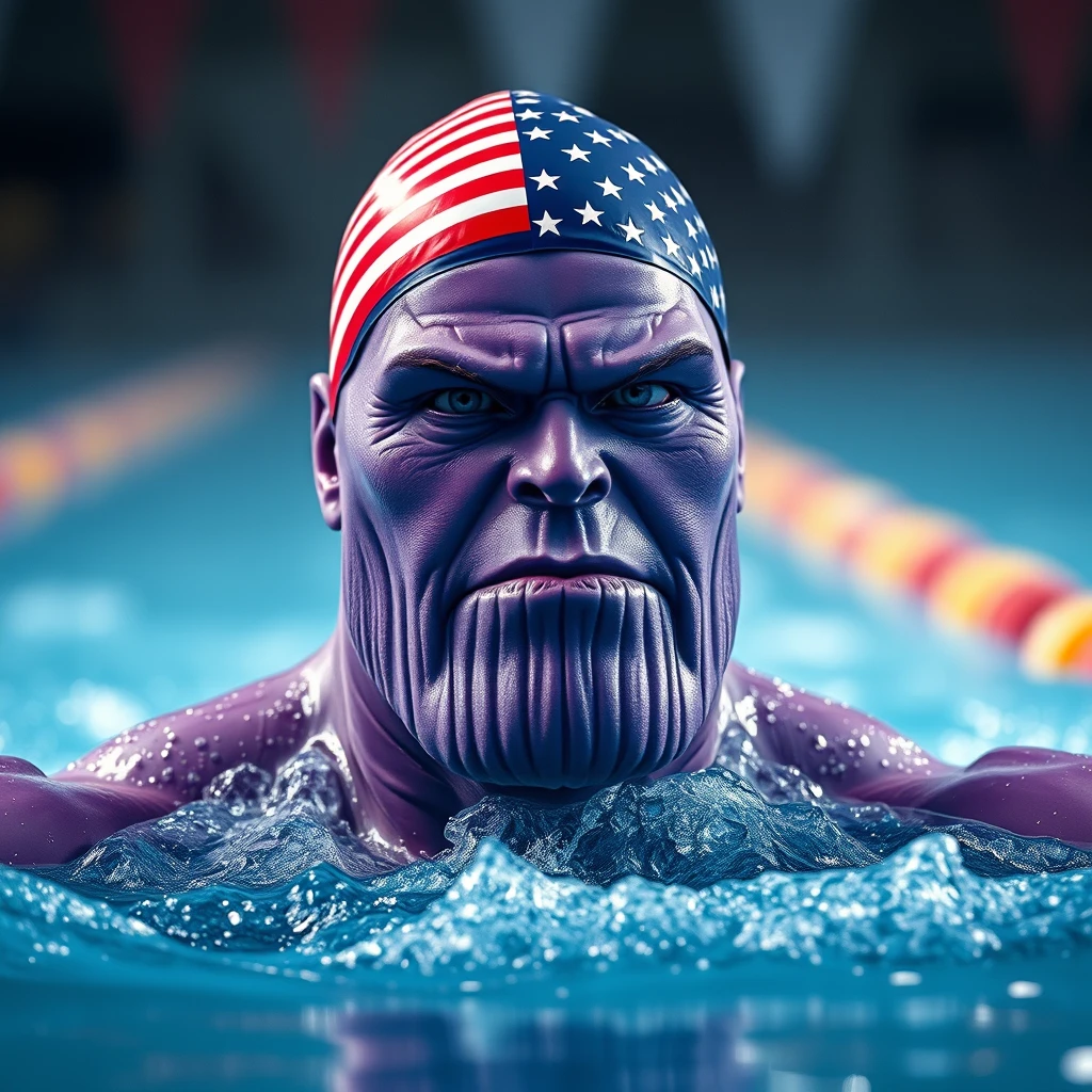 "A purple-faced Thanos swimming in a competition, wearing a swim cap with the American flag, in a realistic style, long shot."