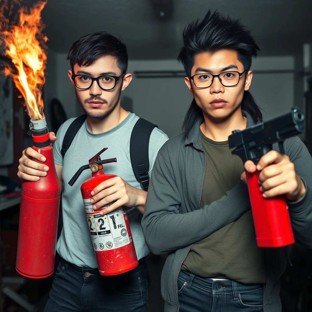 21-year-old European white Italian man with round prescription glasses and short hair holding a very large fire extinguisher flamethrower, and 21-year-old northern Chinese man with long black hair mullet, square glasses, holding a pistol; both angry; murderous intent; garage setting; both thin. - Image