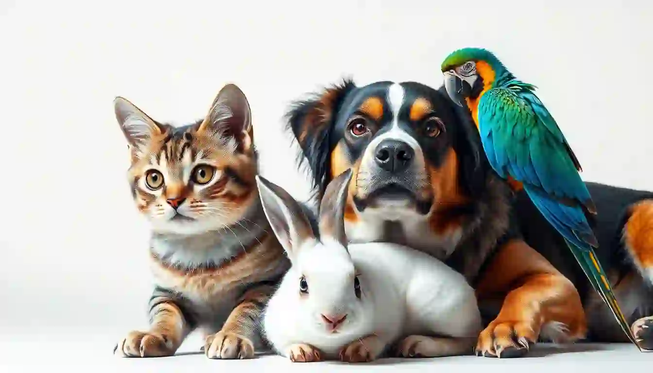 Cat with rabbit with dog with parrot Dramatic lighting against white background. Hyper-realistic, high-resolution image, expressive features and coloration.