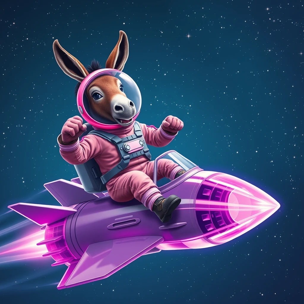 An ambitious donkey wearing pink astronaut costume, riding on a crystal light purple stunning spaceship, making a punching gesture, flying to the outerspace under a clear night sky with lots of shining stars. Realistic style.