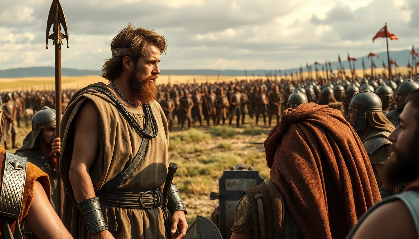 Young shepherd David arguing with King Saul to fight Goliath. King Saul is wearing bronze-age soldier garb. Around the two men, Israelite soldiers gather. In the distant horizon stands the Philistine army.