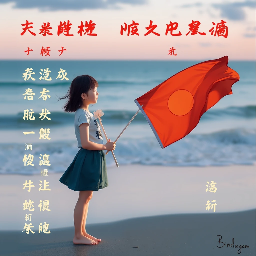 "A girl on the beach, with a flag, and many Chinese characters." - Image