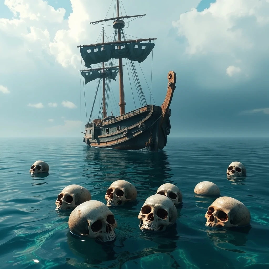 A ship in the water, there are skulls in the water, HD realistic.