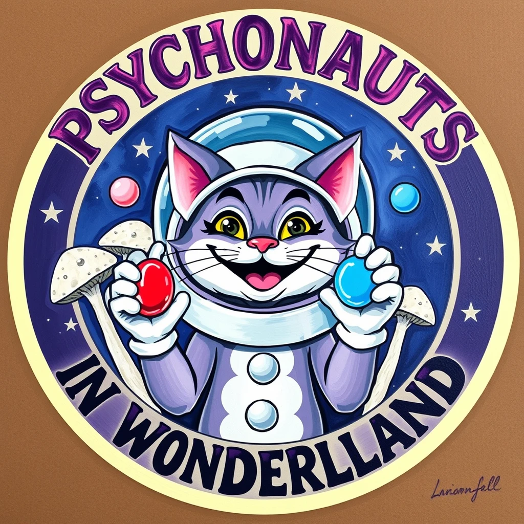 Create an oil painting art style logo featuring a title in big painted typography saying "PSYCHONAUTS IN WONDERLAND". In the logo, a silly cartoon grinning Cheshire cat in an astronaut helmet with a big oversized red gel pill and a big oversized blue gel pill hovering above each hand. White mushrooms behind the helmet. Circular border. Starry background.