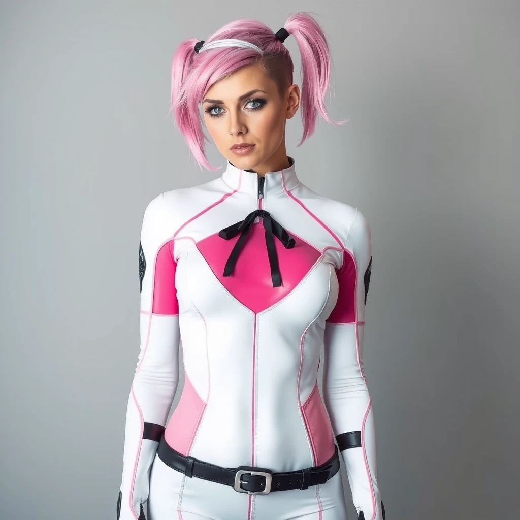 Photograph of a Gwen Stacy cosplay. White-black pink. Tight. Undercut.