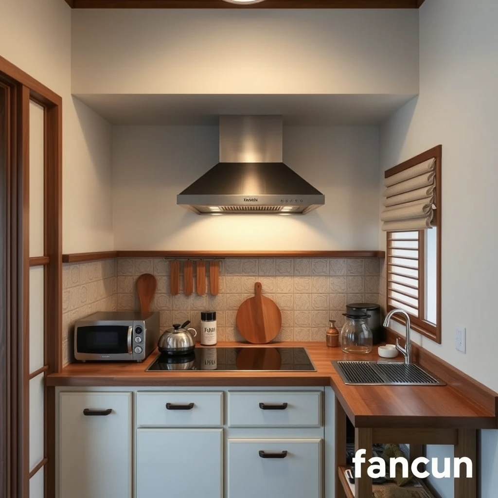 A small kitchen with Japanese style, equipped with a range hood, interior design, text content: "fancun" - Image