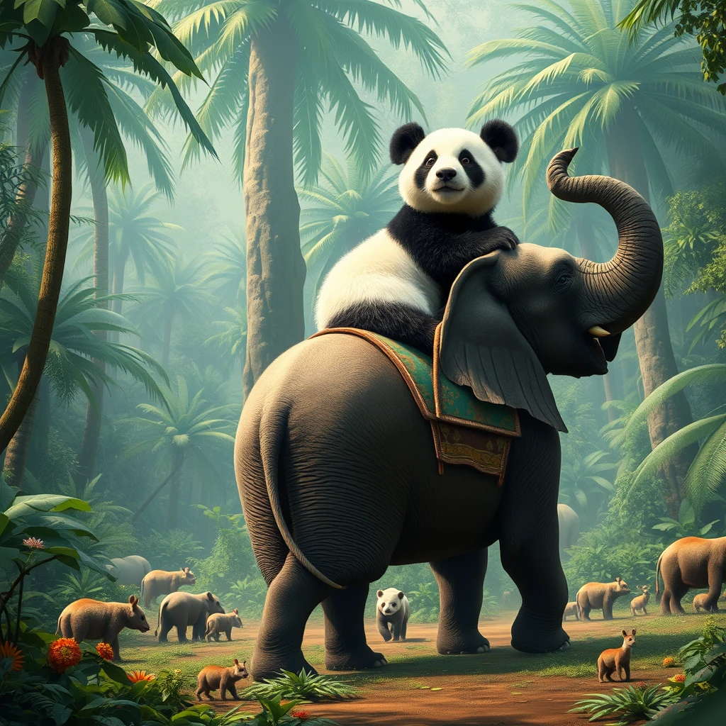 The giant panda is riding an elephant through the tropical rainforest, with many small animals watching around.