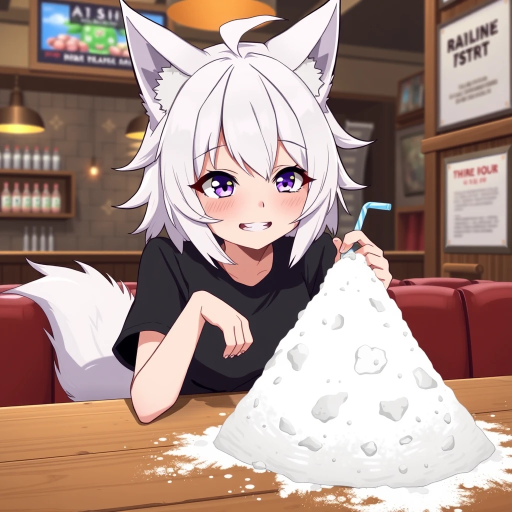 Anime woman with fluffy wolf ears and a fluffy tail, white messy medium hair, purple eyes, wearing a black t-shirt, sitting at the table in a bar. On the table is a tiny mountain of flour; the girl looks with a big crazy smile at the flour and has a straw in her right hand. - Image