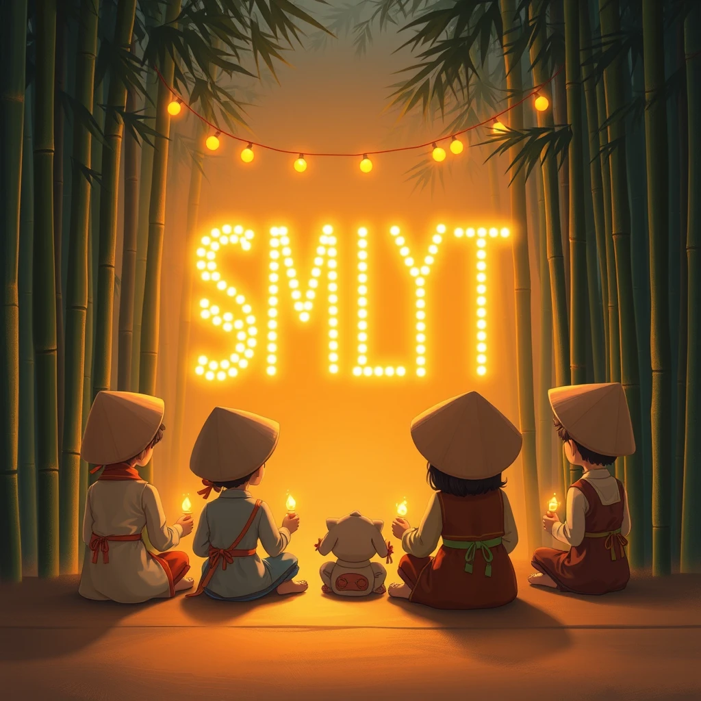 Create a digital illustration in the style of an animated movie scene. Show a group of children sitting on the ground, viewed from behind, facing a large illuminated sign that reads 'SMLYT'. The sign should be made of twinkling lights against a warm, glowing background. Set the scene in a lush bamboo forest with string lights hanging among the bamboo stalks. The children should be wearing traditional Southeast Asian clothing, including conical hats, and holding small candles or lights. Use a warm color palette dominated by oranges and yellows. The overall atmosphere should be magical and enchanting, with a soft, painterly style. Include details like the texture of the bamboo and the glow of the lights reflecting off the children's faces and clothing. - Image