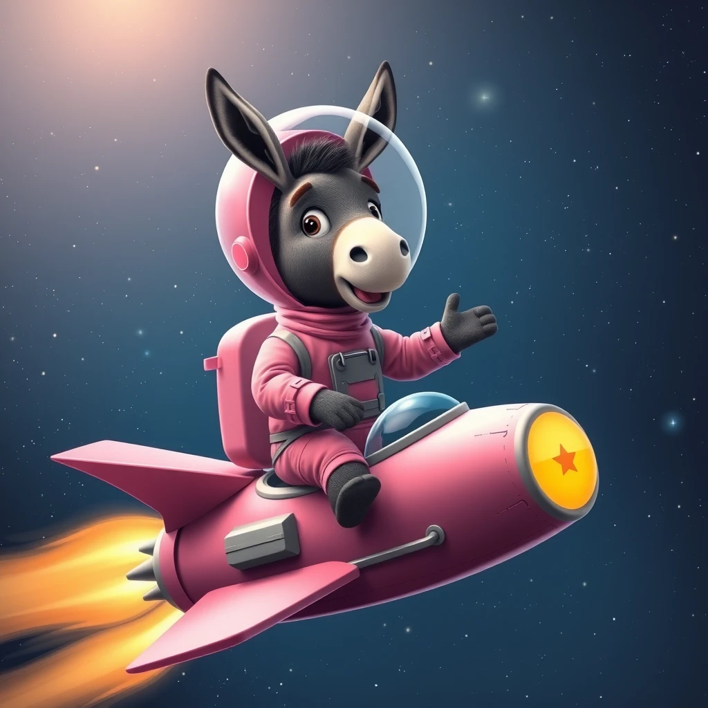 A cute donkey wearing pink astronaut costume, riding on a stunning spaceship, waving his hands, flying to the outerspace under a clear night sky with lots of shining stars. Realistic style.