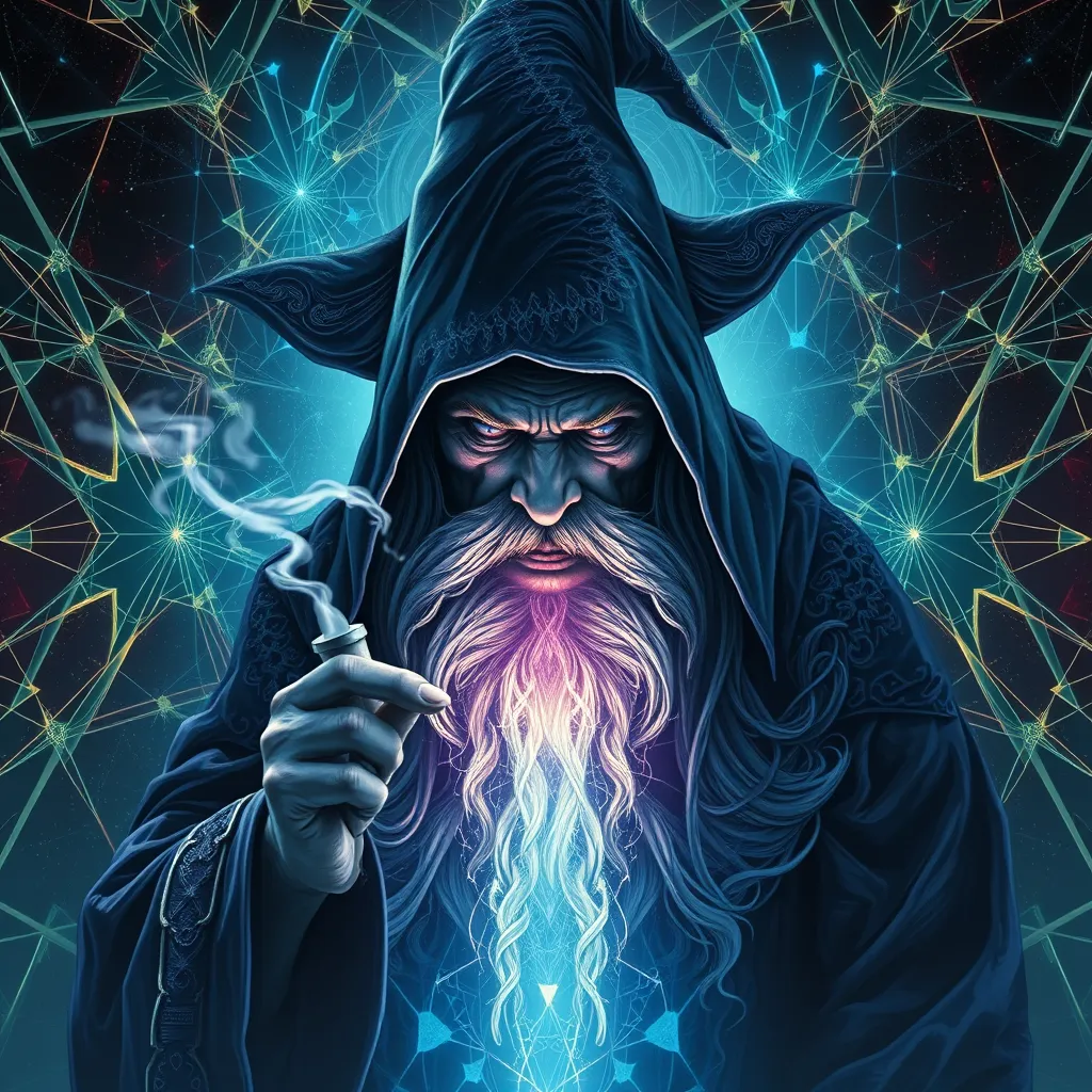 Dark wizard smoking DMT from a pipe and breaking through to another dimension full of geometric fractal patterns. - Image