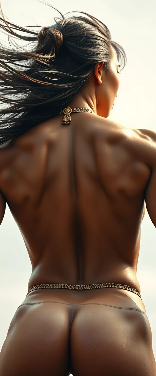 Close-up view of an unrealistically highly muscular back with large shiny muscles of a tall Asian woman, her hair flying in the air, wearing gold ornaments on her waist and neck.