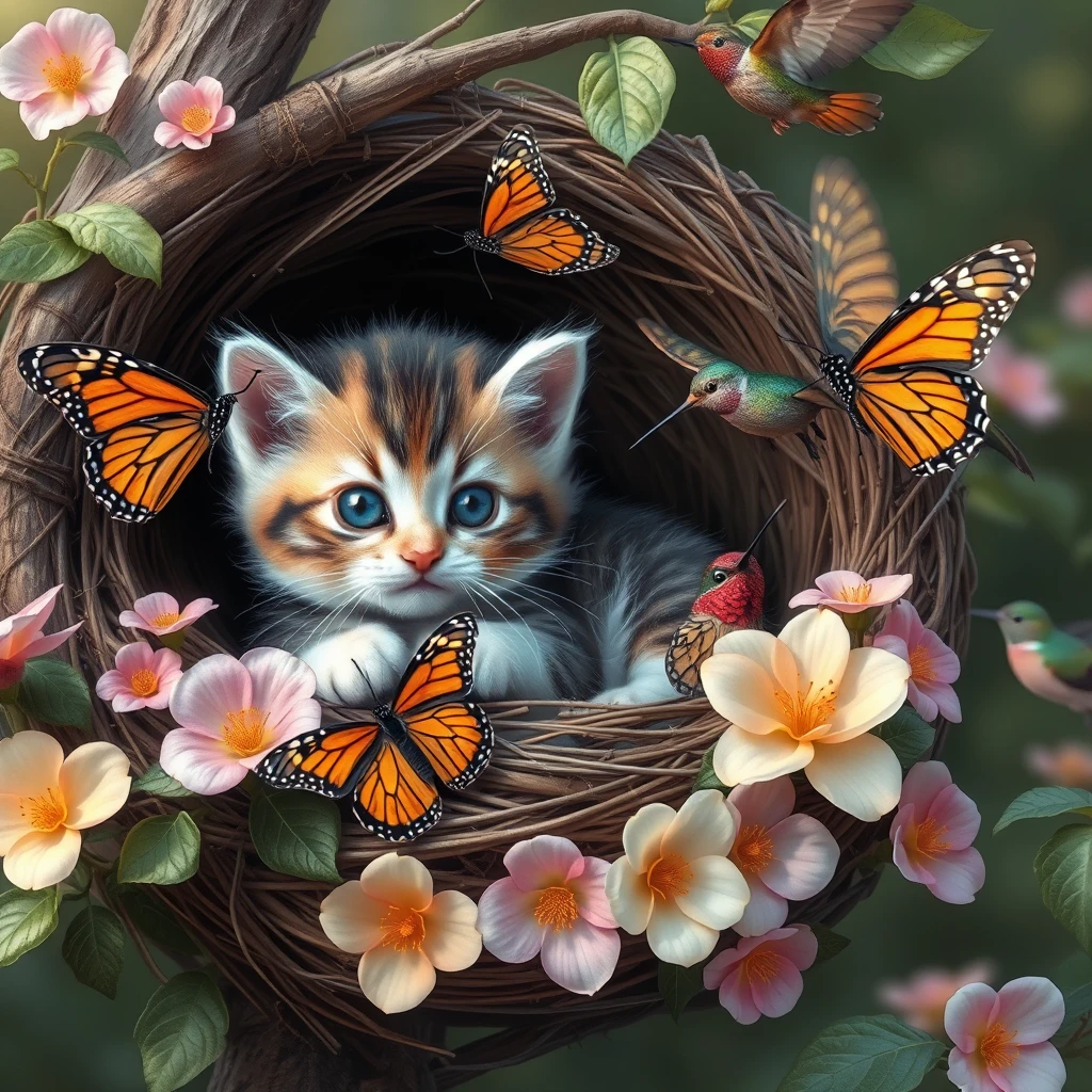 A kitten in a bird's nest with monarch butterflies and hummingbirds flying around pretty flowers.