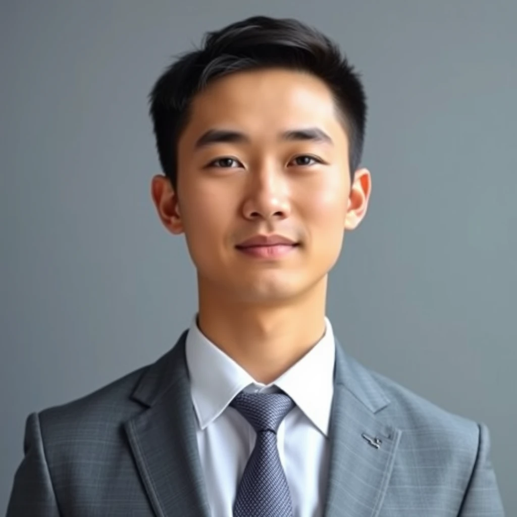 "Formal ID photo of a young handsome man in a suit from China." - Image