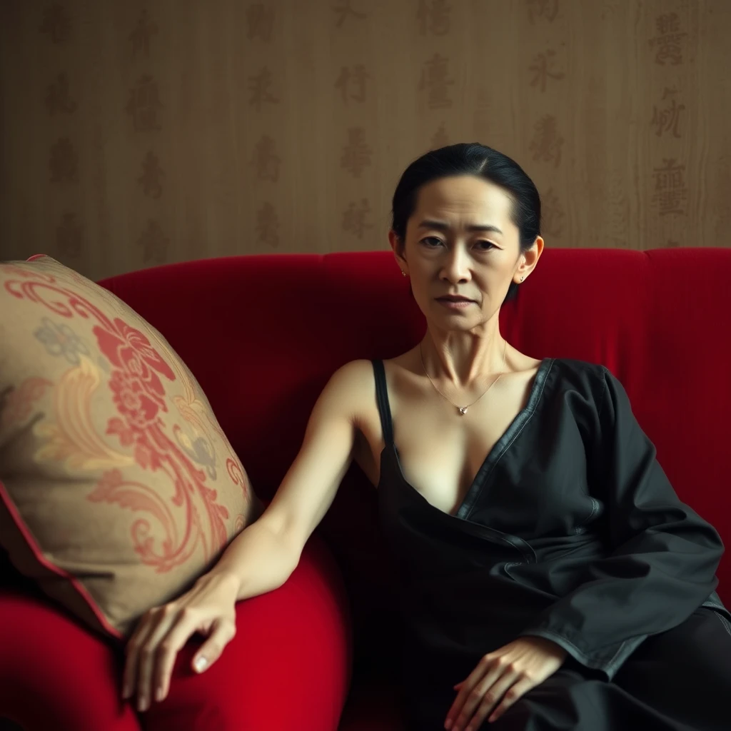 A chinese pale and gaunt lady sit on a red sofa, realistic style