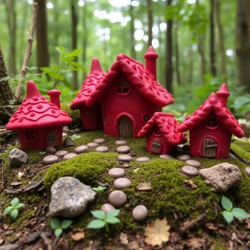 Natural size evil red houses made from modeling clay in the natural forest. - Image