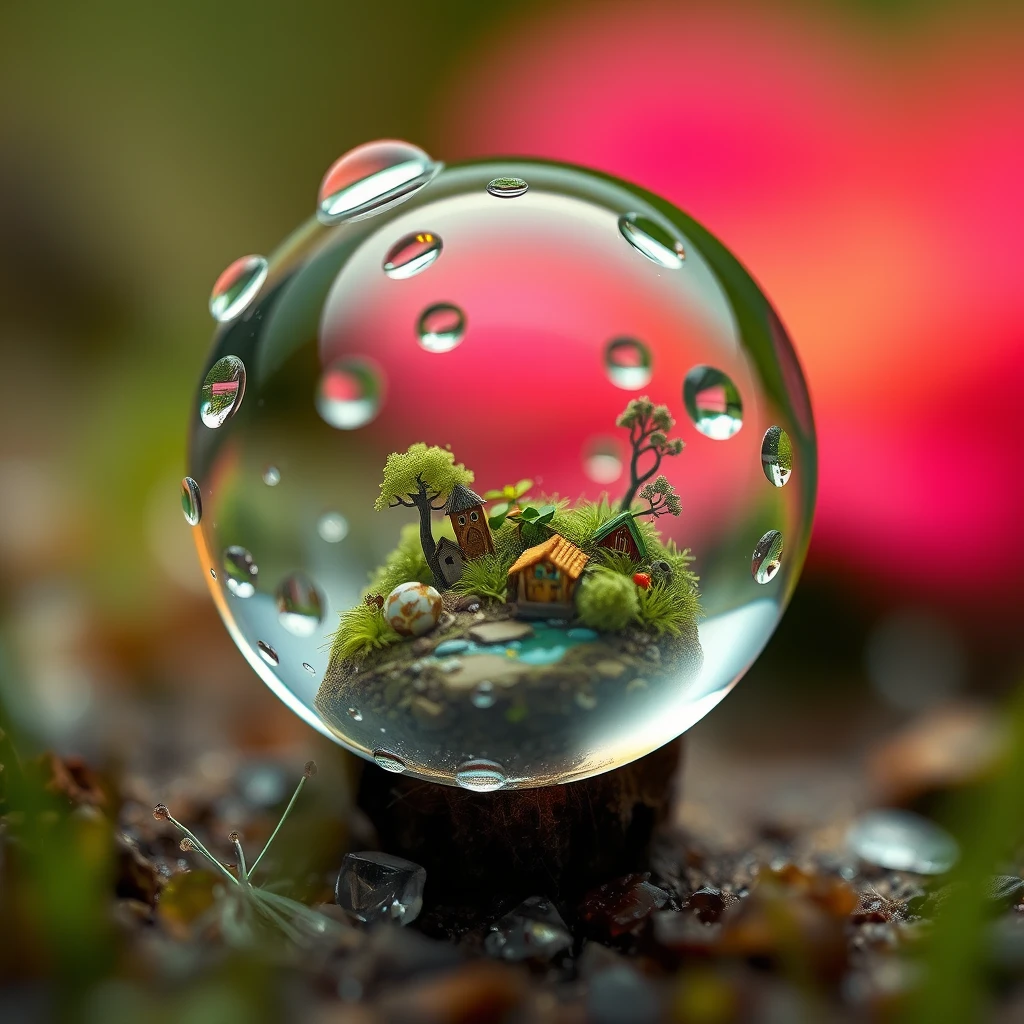 Miniature world inside a dewdrop, reflecting a fantastical microscopic ecosystem.