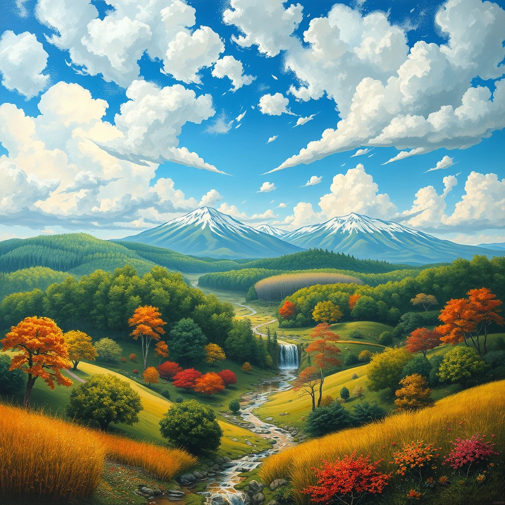 A [landscape] painting depicting the four seasons in a multi-layered size style, with a realistic color scheme and detailed nature depiction. The sky is impressive and the piece is designed to be viewed on multiple screens. Four colors are used to represent the four seasons, with a nature core - Image