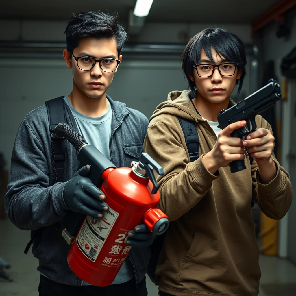 21-year-old very white Italian man, wearing round glasses, black short hair, holding a very large fire extinguisher flamethrower. And 21-year-old northern Chinese man, with a thin long face, wearing square glasses, mid/long fringe black hair, holding a Glock. Both angry; murderous intent, garage setting.