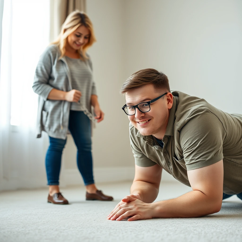 Can you generate an image of a woman standing while holding a chain connected to a collar that a man is wearing while crawling on the floor? The man is wearing glasses and smiling. He is young and a little plus-sized and has short hair. Both subjects are of Caucasian descent. Please show both people. - Image