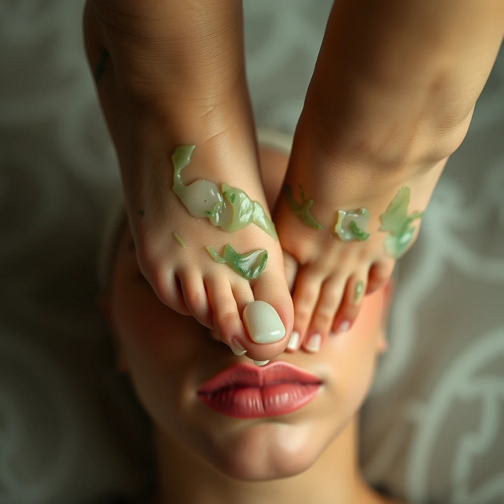 'Beautiful woman's jade-like feet stepping on face.'