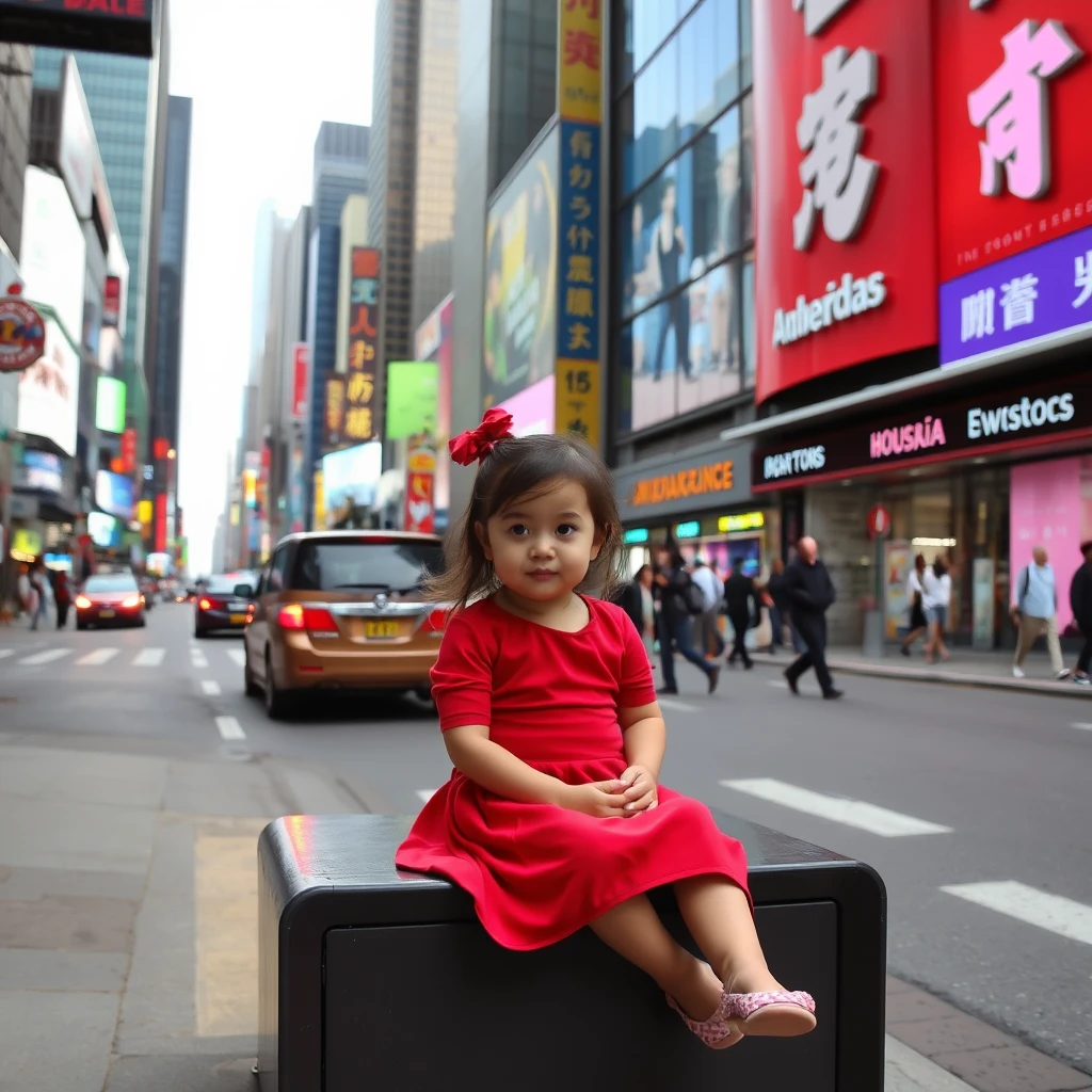 A downtown street with a lot of ads, traffic, and people; a little girl wearing a tight red dress is sitting on the bench. - Image