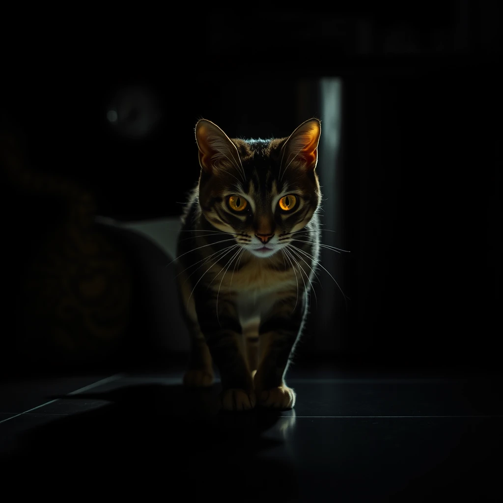 photo of a cat in the dark hunting in the kitchen - Image