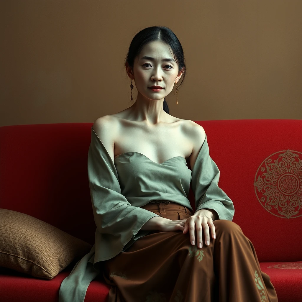 A chinese pale and gaunt lady sit on a red sofa, realistic style - Image