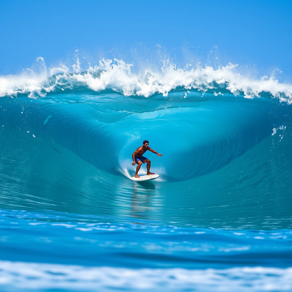 A man riding a wave on top of a surfboard, a picture, by Matt Stewart, shutterstock, realism, surfing a barrel wave, vertical wallpaper, very clear picture, portal opening, paradise, fully functional, in front of a round, professional shot, bulli, mix, standing on surfboards, full length shot, bottom angle, rips, wallpapers. - Image