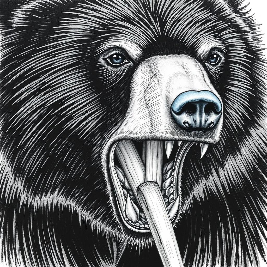 'Draw the details of a black bear's mouth when it is foraging for food.'