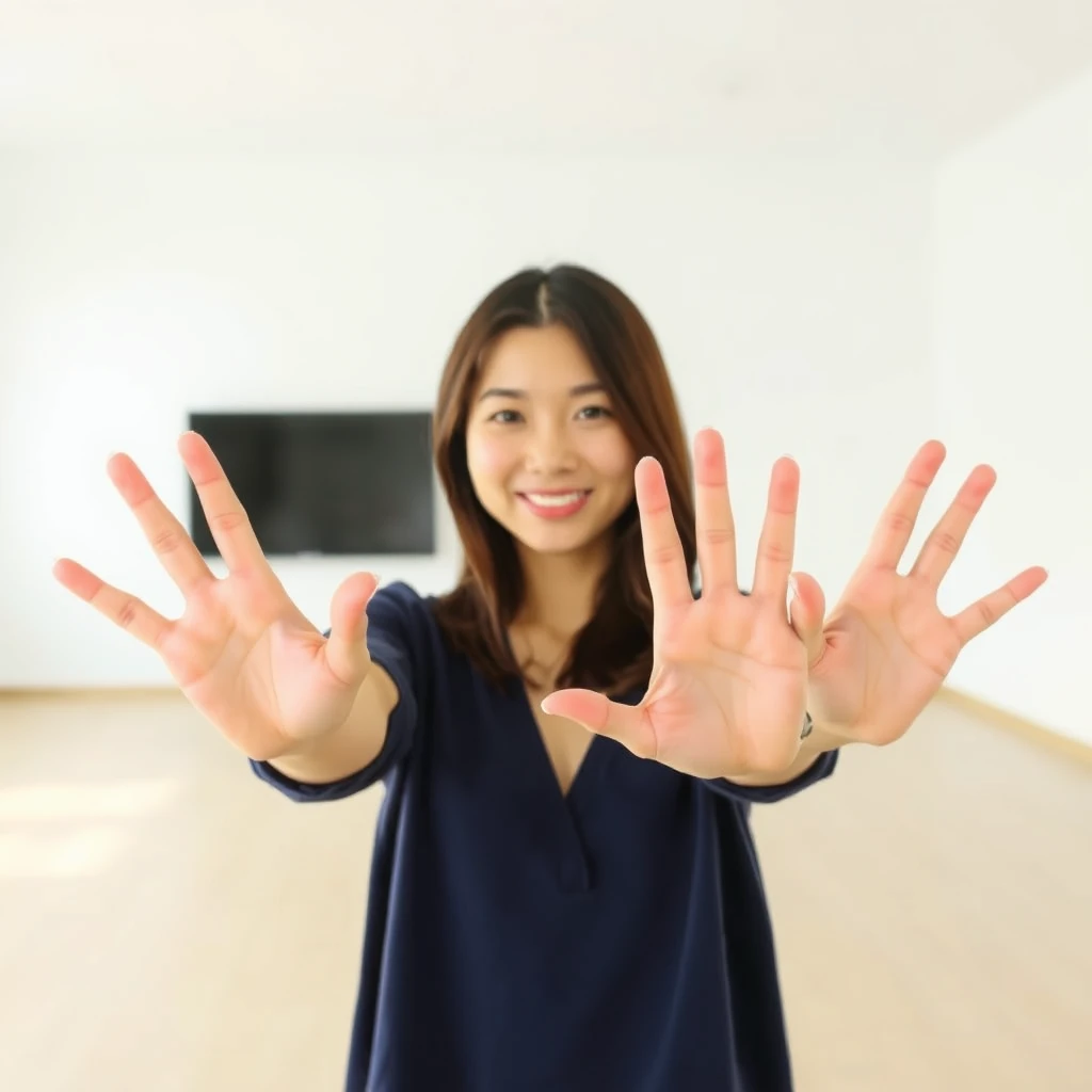 Asian woman holding hands out in an empty room with a white background, 4 fingers and 1 thumb on both hands.