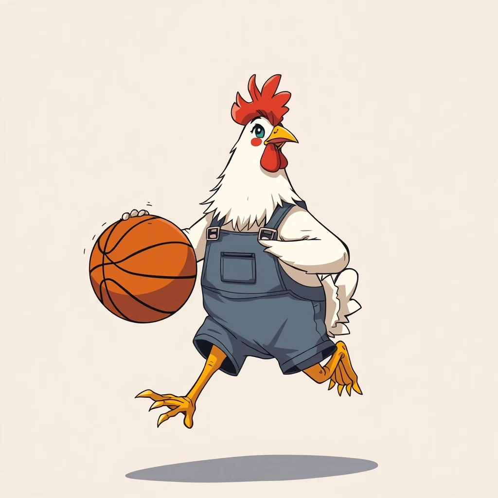 A chicken wearing overalls with a middle part hairstyle is playing basketball, in an anime style.