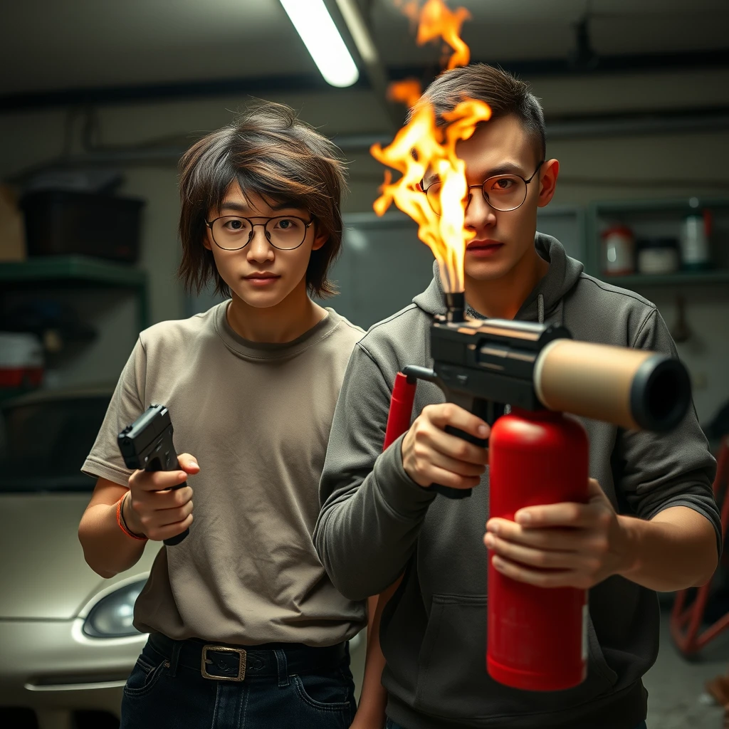 21-year-old white thin long-faced young northern Chinese man with a square chin, wearing square glasses, holding a pistol, "medium/long-length hair"; 21-year-old white Italian/Caucasian man wearing round glasses and short hair holding a very large fire extinguisher flamethrower; garage setting; both angry.