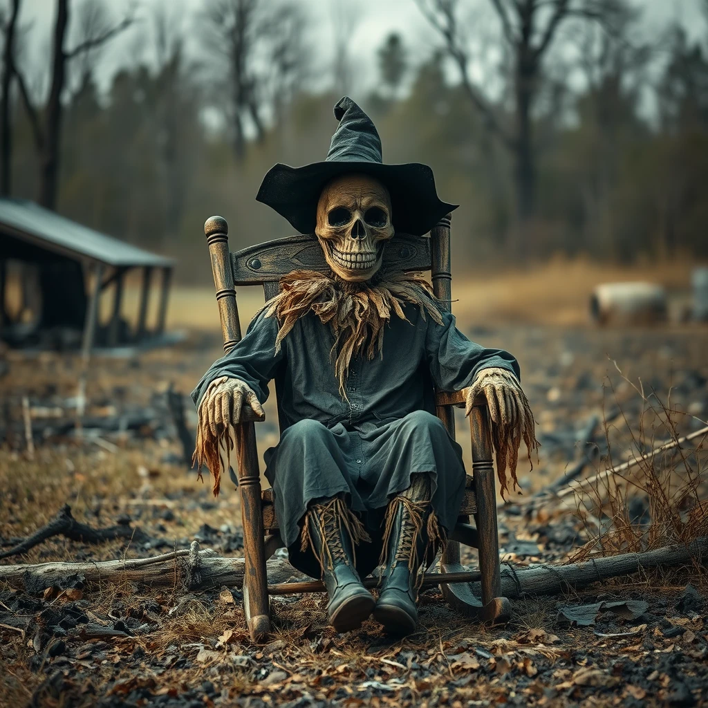 A dark menacing scarecrow sits in an old rocker on a burnt down farm. - Image