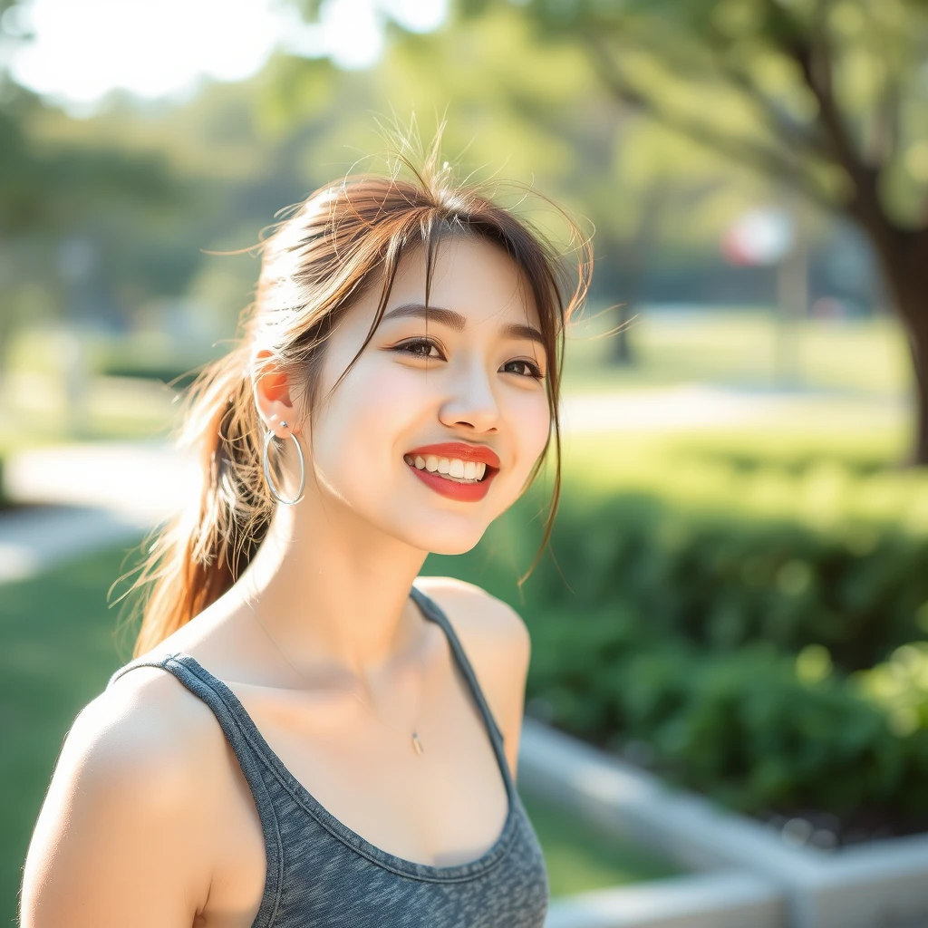 A beautiful Korean woman, ulzzang, wearing a tank top, sweating, in a park, smiling.