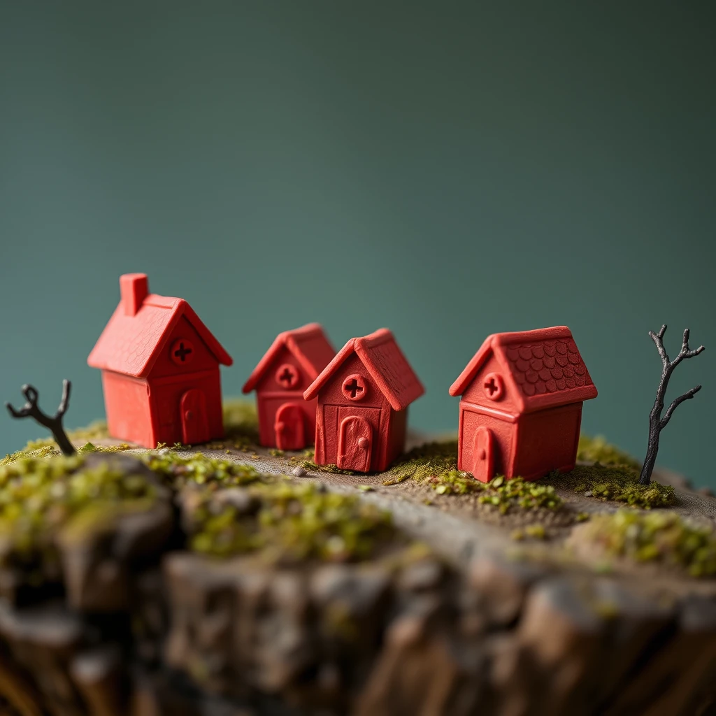 Evil red houses made from modeling clay in natural size.