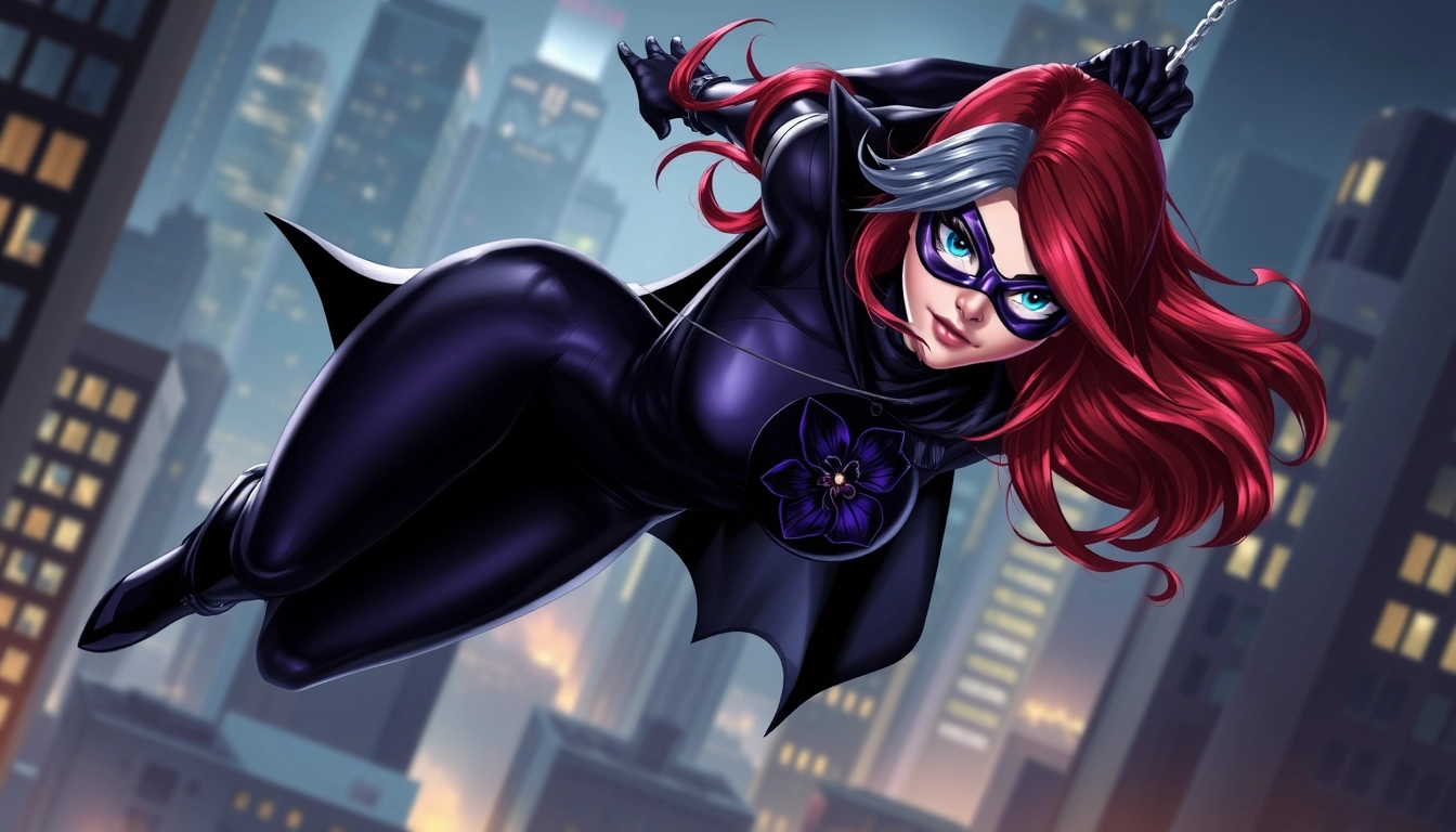 This is a great picture! I love how the red hair with the grey streak contrasts with the black and dark purple spandex. The purple mask with the black outline and the short black cape look great too. The pose is very dynamic and really makes me think she’s swinging through the city at night.

I’m impressed by how the artist was able to capture the motion of the character’s body in this pose. It really looks like she’s in the middle of swinging through the air at high speed. The artist also did a good job of showing the details of the character’s costume, like the texture of the spandex and the shiny black material of the cape. She has a black orchid on her chest. Realistic.