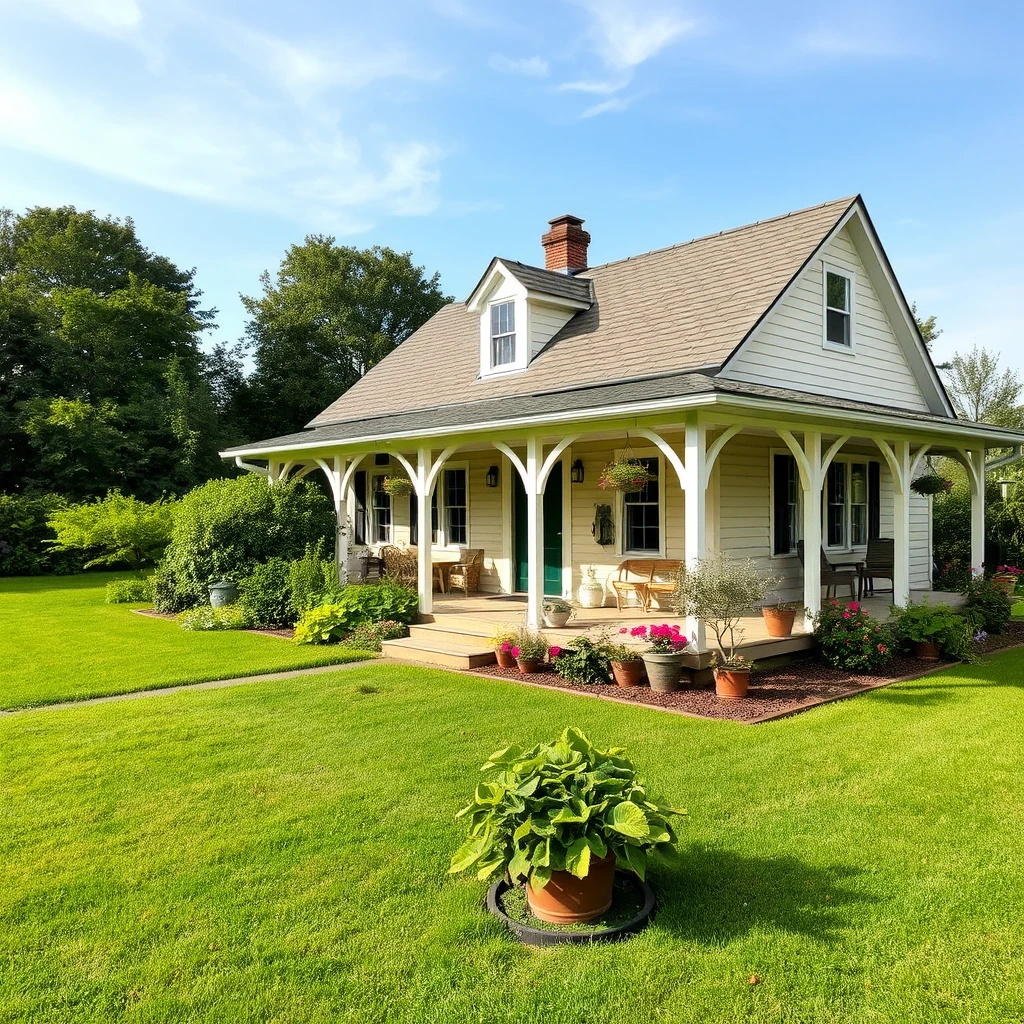 A house in a large garden with a porch and plenty of plants. - Image