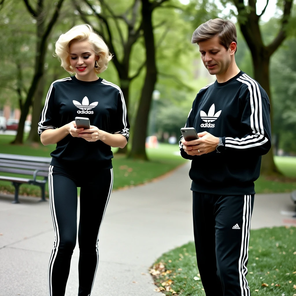 Marilyn Monroe and John F. Kennedy in a New York park. Both are wearing Adidas clothing from head to toe. Both are using iPhones. - Image