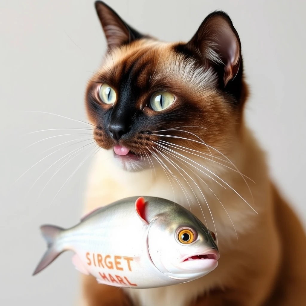 Siamese cat eats fish.