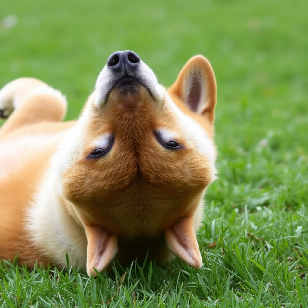 The Shiba Inu is lying on its back on the grass.