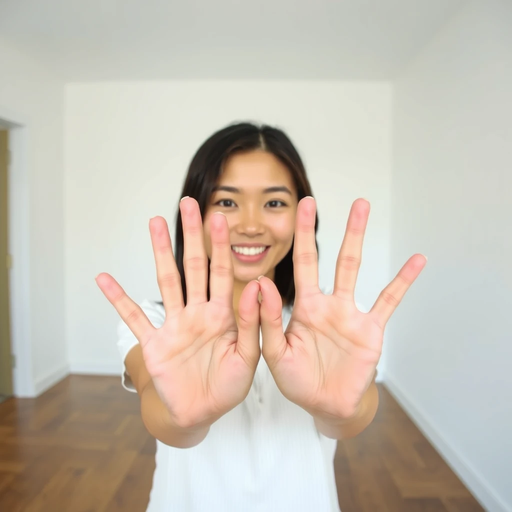 Asian woman holding hands out in an empty room with a white background, 4 fingers and 1 thumb on both hands.